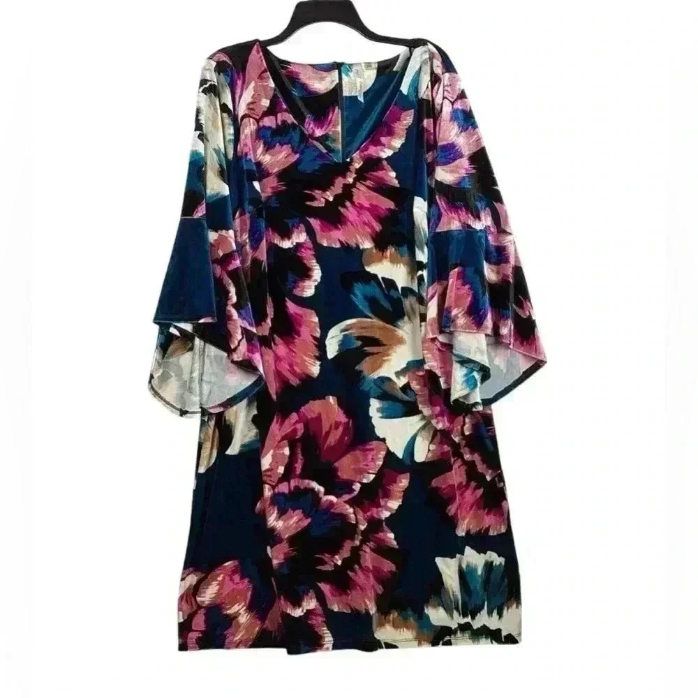 NY Collection floral velour 3/4  Bell Sleeve Mini Dress size 2X EUC Goth Fairy